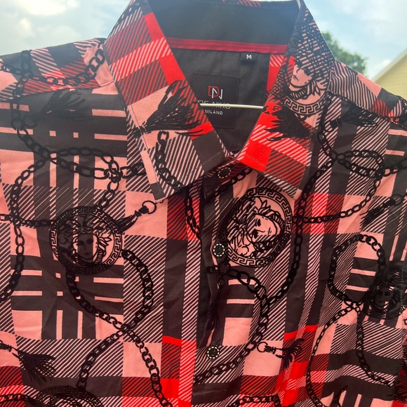 Men’s De-Niko Milano button down long sleeve shirt, size medium red pink black - Picture 5 of 5